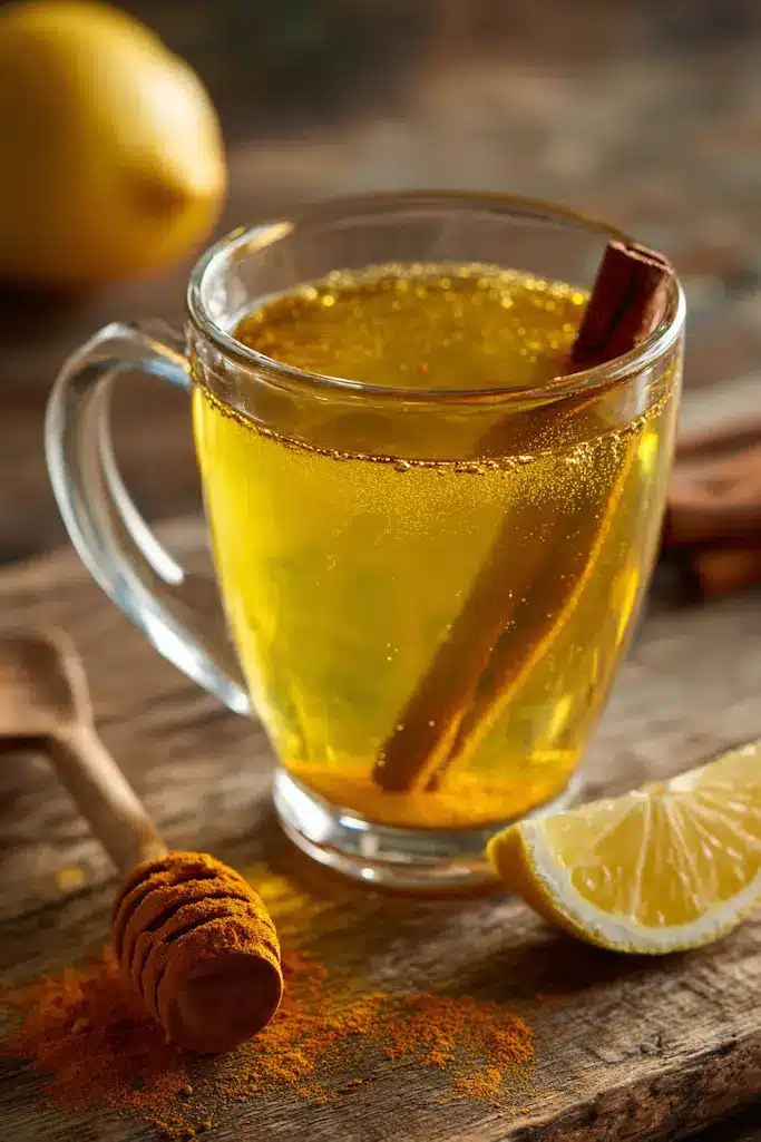 Morning Tonic Benefits Anti-Inflammatory Turmeric Drink morning tonic benefits anti-inflammatory drink with turmeric powder fennel seeds and spices on wooden surface with natural sunlight