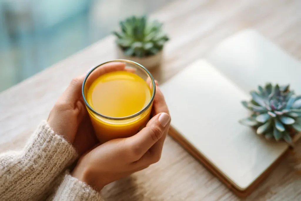 Morning Tonic Benefits - Daily Wellness Ritual woman experiencing morning tonic benefits holding golden turmeric drink in peaceful wellness ritual