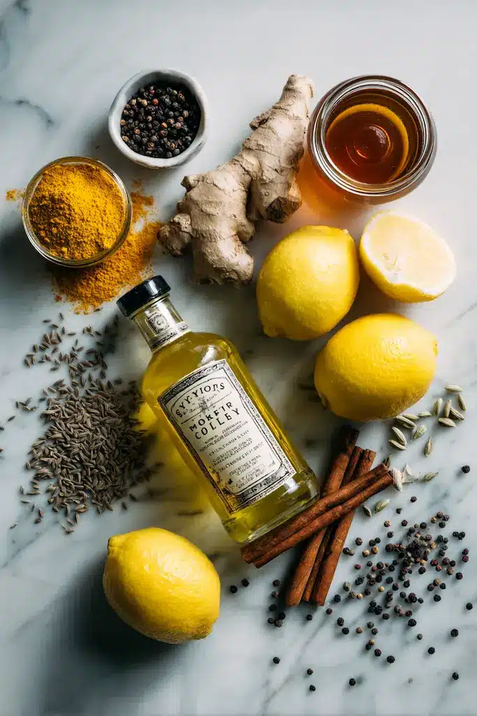 Morning Tonic Benefits Ingredients Flat Lay Recipe morning tonic benefits ingredients including turmeric powder ginger root cinnamon sticks apple cider vinegar and raw honey flat lay
