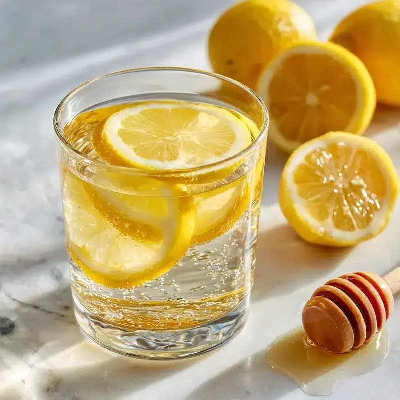 Morning Tonic Benefits - Lemon Honey Water Recipe morning tonic benefits lemon honey water for metabolism boost and belly fat burning on marble surface