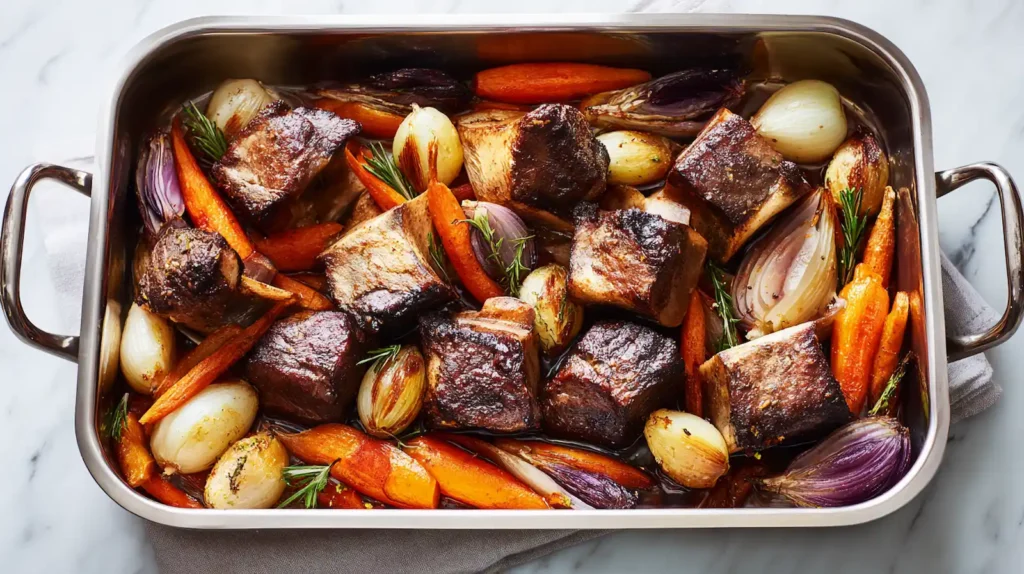 roasted bones for homemade bone broth recipe with caramelized vegetables